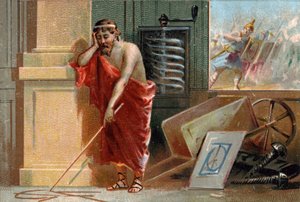 أرخميدس من سيراكيوز (287 - 212 قبل الميلاد) يرسم أشكالًا هندسية على الأرض ، وسرعان ما يتوقف الجنود الرومان في أسفل المشهد. في ورشته يمكن للمرء أن يتعرف على اختراعاته المختلفة: المسمار وعربة اليد. الطباعة الحجرية الملونة من القرن التاسع عشر ج بواسطة فنان غير معروف