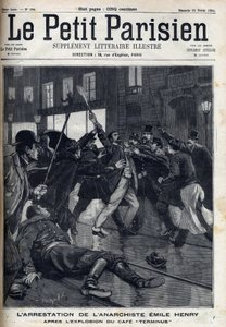 اعتقال الأناركي إميل هنري (1872-1894) بعد انفجار مقهى "تيرمينوس" في باريس. نقش في "" Le Parisien "" بواسطة فنان غير معروف