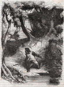 Astolphe على حافة نافورة - نقش عام 1851 من "Furious Roland" (أورلاندو فوريوسو) (القرن السادس عشر) بواسطة Ludovico Ariosto ، المعروف باسم Ariosta - طبعة مترجمة من الإيطالية بواسطة Count of Tressan ونشرها Gustave Harvard 1851 بواسطة فنان غير معروف