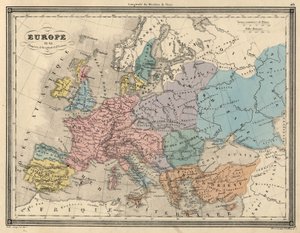 أطلس أوروبا عام 814: إمبراطوريات الغرب والشرق. مخطط مستوحى من "" الأطلس العالمي للجغرافيا القديمة والحديثة "بقلم Vuillemin. sd. حوالي 1851. بواسطة فنان غير معروف