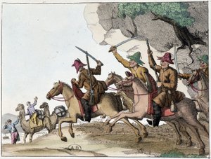 هجوم على قافلة الجمال من قبل مجموعة من قيرغيزستان (أتراك من آسيا الوسطى من أصل منغولي) على ظهور الخيل ، ديب. القرن ال 19 بواسطة فنان غير معروف