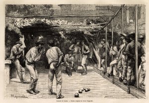 لاعبو الكرة في روما (إيطاليا). نقش لتوضيح الرحلة إلى روما ، بقلم فرانسيس وي ، في 1864-1868 ، نُشر في "Le tour du monde ، nouveau journal des voyages" ، تحت إشراف إدوارد شارتون بواسطة فنان غير معروف
