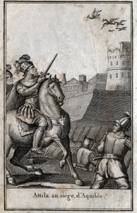 الغزوات البربرية - أتيلا (حوالي 406-453) ، ملك الهون ، أثناء حصار أكويلي (أكويليا) في إيطاليا ، 452. نقش في "Beaute de l'histoire du basse Empire" redige بواسطة PJBN 1814 بواسطة فنان غير معروف