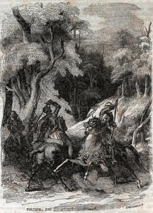 معركة بين Roland و Ferragus - نقش عام 1851 من "Furious Roland" (أورلاندو فوريوسو) (القرن السادس عشر) بواسطة Ludovico Ariosto ، المعروف باسم Ariosta - نسخة مترجمة من الإيطالية بواسطة Count of Tressan ونشرها Gustave Harvard 1851 بواسطة فنان غير معروف