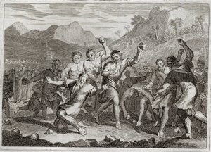 الكتاب المقدس ل Royaumont ، العهد القديم: Blasphemator Lapide. يجعل الله الحجر مجدفًا على اسمه المقدس ، وآخر انتهك يوم السبت المقدس (السبت ، السبت ، السبت ، السبت ، السبت) ، وجمع بعض القش في الحقل. رسم توضيحي من عام 1811. بواسطة فنان غير معروف