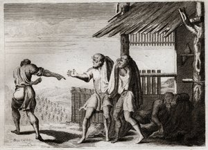 إنجيل رويومونت ، العهد القديم: ملعون شام أبيه (سكران نو). شام ، ثاني أبناء نوي ، يرى والده في وضع غير لائق ، ولا يهتم به ، ويلعن عليه. رسم توضيحي من عام 1811. بواسطة فنان غير معروف