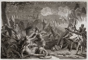 الكتاب المقدس لرويومونت ، العهد القديم: هزيمة المديانيين بصوت الأبواق وأنوار المصابيح. رسم توضيحي من عام 1811. بواسطة فنان غير معروف