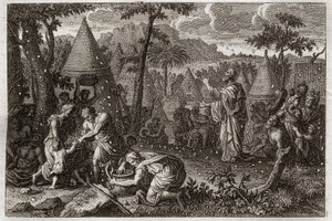 إنجيل رويومونت ، العهد القديم: اليهود في الصحراء (أو ذكريات المن). يتسبب الله في سقوط المن من السماء لمدة أربعين عامًا. رسم توضيحي من عام 1811. بواسطة فنان غير معروف