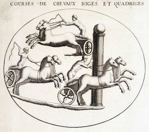 سباقات الخيول Biges و Quadriges. نقش القرن التاسع عشر. بواسطة فنان غير معروف