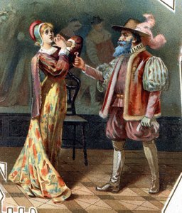 اللحية الزرقاء. حكاية تشارلز بيرولت. 1697. الطباعة الحجرية الملونة من أواخر القرن التاسع عشر. ملصق "" بسعر رخيص "" ". "بلوبيرد يستجوب زوجته التي حاولت دخول الخزانة حيث قُتلت زوجات بلوبيرد." بواسطة فنان غير معروف