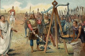 Brennus يضع سيفه في الميزان ، 390 قبل الميلاد: طرد روما من قبل Gauls بقيادة رئيسهم Brennus (Brennos). في مواجهة مقاومة الرومان ، وافق برينوس على التعامل مع المنبر العسكري الروماني كوينتوس سولبيسيوس: غادر روما ضد السلطة الفلسطينية بواسطة فنان غير معروف