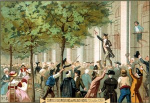كميل ديسمولين في القصر الملكي (1789/7/12). الطباعة الحجرية الملونة في القرن التاسع عشر. - الثورة الفرنسية / كميل ديسمولان يدعو لعاصفة على الباستيل بباريس بواسطة فنان غير معروف