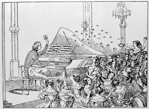 رسم كاريكاتوري لانتصار فرانز ليزت في حفل موسيقي في برلين عام 1842.