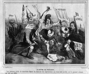 رسم كاريكاتوري عن الحملة الانتخابية لأول انتخابات رئاسية في 10 ديسمبر 1848 مع معركة الصحف. بواسطة فنان غير معروف