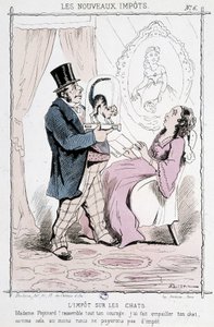 ضريبة القط: "" Madame Papinard! اجمع كل شجاعتك. لقد صنعت قطتك محشوة ، لذلك على الأقل لن ندفع الضرائب "- كاريكاتير بواسطة فنان غير معروف