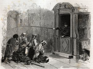 ممارسون كاثوليكيون في الصلاة ، يتلقون توبة عادية ، سياط يديرها كاهن من الكابينة. نقش لتوضيح قصة الأسبوع المقدس في روما ، في عام 1863 ، بواسطة لودوفيك سيلر ، في "Le Tour du monde ، nouveau journal des voyages" "publi بواسطة فنان غير معروف