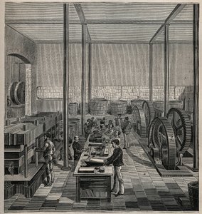 السيلولويد: صناعة السليلويد. نقش من عام 1885 في "" Les Arts et metiers Illustres "" لأدولف بيتارد. بواسطة فنان غير معروف