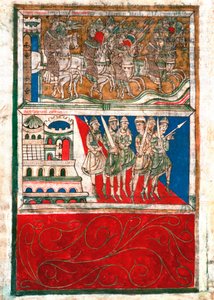 يغادر شارلمان وفرسانه مدينة آخن ويذهبون إلى سانتياغو دي كومبوستيلا المصغرة من "Codex Calixtinus" (كتاب القديس جيمس) ، حوالي 1140. fol. 162 ضد. أرشيفات كاتدرائية سانتياغو دي كومبوستيلا (سانتياغو دي كومبوستيلا) ، إسبانيا بواسطة فنان غير معروف