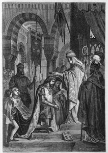 تم استثمار تشارلز الأول من أنجو (تشارلز الأول من صقلية) (1226-1285) في مملكة صقلية في 28/06/1265 من قبل البابا كليمنت الرابع (ضد 1195-1268). بواسطة فنان غير معروف