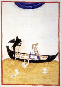 تشارون (كارون) يجعل دانتي وفيرجيل من أكيرون يعبران نهر العالم السفلي - في "الكوميديا الإلهية" لدانتي أليغييري ، منمنمة لمخطوطة من القرن الرابع عشر ، بببل. بلدية ريميني. بواسطة فنان غير معروف