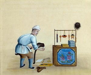 تاجر صيني يشحذ مقص لقطع سبائك الفضة. رسم القرن السابع عشر. باريس. BN بواسطة فنان غير معروف