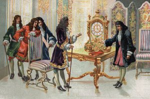 كريستيان هيغنز (1629-1695) ، عالم رياضيات وفلك هولندي ، يقدم ساعته إلى لويس الرابع عشر. بواسطة فنان غير معروف