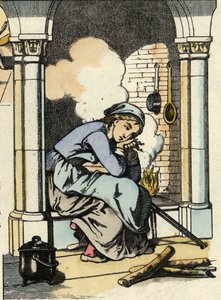 تحلم سندريلا بحياة أفضل بالقرب من مدفأة المطبخ. رسم توضيحي لقصة تشارلز بيرولت "Cinderella or La petite slipper de verre" بواسطة فنان غير معروف