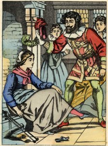 تحاول سندريلا تجربة الحذاء الزجاجي الذي وجده الأمير. رسم توضيحي لقصة تشارلز بيرولت "Cinderella or La petite slipper de verre" بواسطة فنان غير معروف