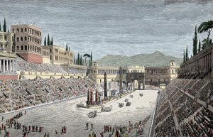 سيرك ماكسيموس - السيرك العظيم أو السيرك ماكسيم ، في روما ، مع سباق عربة - نقش ملون
