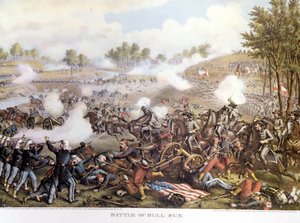 الحرب الأهلية (1861 - 1865) ، الحرب الأهلية الأمريكية 21/7/1861: معركة بول ران الأولى أو معركة ماناساس الأولى: فرجينيا ، هزم الكونفدراليات بقيادة الجنرال بيوريجارد قوات الشمال التي يقودها الجنرال ماك دويل. نقش. بواسطة فنان غير معروف