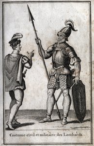 بدلة مدنية وعسكرية من اللومبارديين (لومباردي) في العصور الوسطى. نقش في redige "Beaute de l'histoire du basse Empire" بواسطة PJBN 1814. بواسطة فنان غير معروف