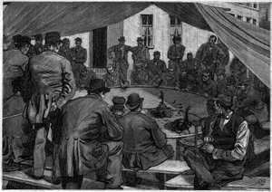 مصارعة الديوك في بلجيكا عام 1888 في "" le journal de la Jeunesse "" de 1888. بواسطة فنان غير معروف