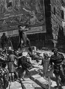 كولا دي رينزو (1314-1354) ، في حملته لتصبح منبرًا للشعب الروماني ، يشرح لشعب روما اللوحات الجدارية التي قام بتثبيتها في مبنى الكابيتول والتي ترمز إلى معاناة روما في بحر متهور تحيط به طروادة ، القدس ، قرطاج وبا بواسطة فنان غير معروف