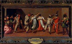 Commedia dell'arte: "" Masks of the Italian Dance Comedy "" لوحة مجهولة من القرن السابع عشر - ميلانو ، متحف ديل تياترو ألا سكالا بواسطة فنان غير معروف