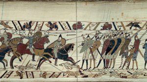 غزو إنجلترا بواسطة ويليام الفاتح (1027-1087) في عام 1066 ، مشهد قتالي بين سلاح الفرسان النورمانديين يحمل المشاة السكسونيين للملك هارولد الثاني ملك إنجلترا تفاصيل بايو نسيج أو تطريز الملكة ماتيلد بواسطة فنان غير معروف