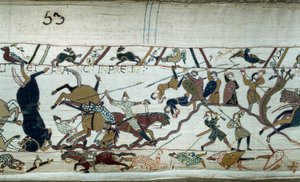 غزو إنجلترا من قبل دوق نورماندي ويليام الفاتح (1027-1087) في 1066: معركة هاستينغز تفاصيل بايو نسيج أو تطريز الملكة ماتيلد بواسطة فنان غير معروف
