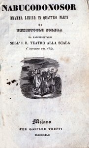 غلاف أول كتاب ليبريتو من نابوكو لجوزيبي فيردي (1813 - 1901) ، والذي أطلق عليه اسم نابوكودونوسور لأول مرة بواسطة فنان غير معروف