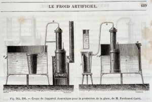 قطع المعدات المحلية لإنتاج الثلج ، بواسطة فرديناند كاري - في "" Les wonders de l'industrie "بواسطة لويس فيغير ، باريس بواسطة فنان غير معروف