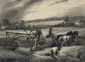 آلة حصاد سايروس ماكورميك عام 1831 ، عُرضت في معرض كريستال بالاس لعام 1851. بواسطة فنان غير معروف