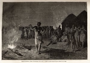 رقصة Malinkes والسكان ولغة غرب إفريقيا (Guinee والسنغال ومالي وكوت ديفوار) ، يتجمع الراقصون عند قبر الرقص الليلي حول النار على إيقاع الموسيقى التقليدية. نقش لتوضيح قصة الملازم ماجى بواسطة فنان غير معروف