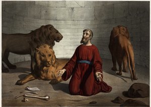 دانيال ، الذي ألقاه الملك على الأسود ، محمي بملاك الرب الذي يهدئ الوحوش. نقش مجهول من منتصف القرن التاسع عشر. بواسطة فنان غير معروف