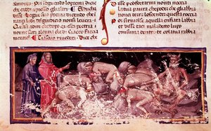 دانتي وفيرجيل مع الجشع والمبذر (أغنية 7 من الجحيم ، في الكوميديا الإلهية) - مصغرة بواسطة فنان غير معروف