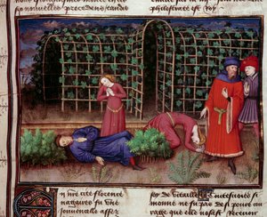 الموت مقتل شخصين بالموت. صورة مصغرة من "" Le Decameron "لجين بوكاس (جيوفاني بوكاتشيو) (1313-1375) 1450 باريس ، مكتبة الأرسنال بواسطة فنان غير معروف