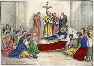 وفاة القديس أوغسطين (354 - 430) نقش في "" الجزائر القديمة والحديثة "بواسطة ليون غاليبرت. الطبعة الايطالية 1846 لون. بواسطة فنان غير معروف