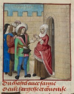 تفاصيل منمنمة Convoitise (Covetousness) و Largesse (الكرم) تدخل القلعة ، من Le Roman de la Rose بواسطة فنان غير معروف