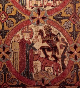 تفاصيل تطريز يصور إغراء القديس مارتن. نسيج آيسلندي. 1390-1403. باريس ، المتحف الوطني للعصور الوسطى ، Thermes de Cluny بواسطة فنان غير معروف