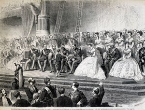 توزيع الجوائز على الفائزين بالمعرض العالمي - يتسلم الإمبراطور من ابنه الأمير الإمبراطوري الجائزة الكبرى لمنازل عماله ومزارعه النموذجية بواسطة فنان غير معروف