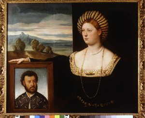 صورة مزدوجة: Isabella (Isabella) d'Este (1474-1539) مع صورة لأحد أفراد عائلة Este بواسطة B. Licinio. بواسطة فنان غير معروف