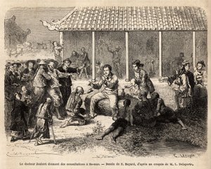 الدكتور جوبيرت يقدم الاستشارات في سي-ماو (سي ماو) (الصين) ، بعد شفاء جندي مصاب بجروح خطيرة ، يغزو جميع سكان المدينة فناء سكن فريق الاستكشاف على أمل تلقي العلاج ، ومعظمهم يعانون من الجروح. بواسطة فنان غير معروف