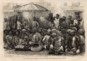 دوربار (مجلس إقطاعي وقانوني لدولة أميرية) لمهراجا رانا ، مملكة دوليبور (راجاستان). نقش للرسام l'Inde des Rajahs ، بقلم لويس روسيليت ، في 1864-1868 ، نُشر في "" Le tour du monde "" "1872 ، تم تحريره بواسطة Edouard Char بواسطة فنان غير معروف